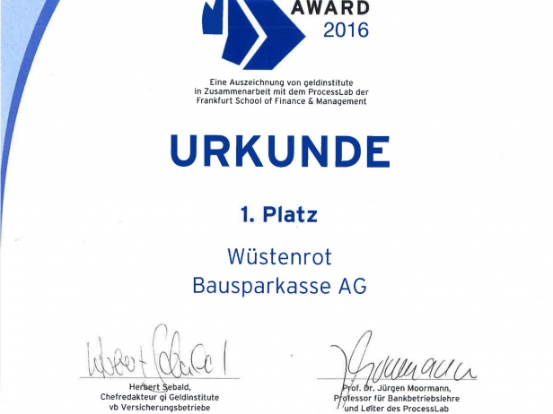 Urkunde 1. Platz im Best Process Award